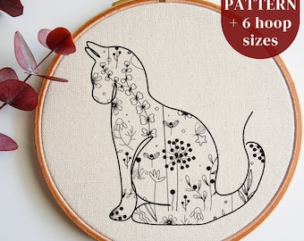 Plantilla PDF de patrón de bordado de gato floral, diseño moderno de aro de bordado DIY, bordado a mano para principiantes, regalo hecho a mano para amantes de los animales