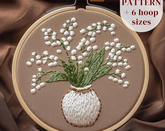Lelietje-van-dalen handborduurontwerp, vaas met witte bloemen borduurpatroon, beginnersborduurwerk afdrukbaar, digitale borduur-pdf