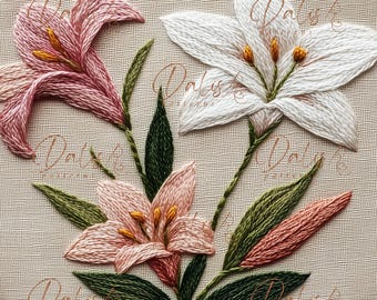ユリの花の刺繍デザイン、ユリの手刺繍パターン、植物刺繍プロジェクト