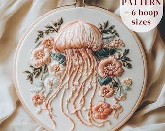 クラゲの刺繍パターン、海のハンド刺繍デザイン、夏の刺繍PDF