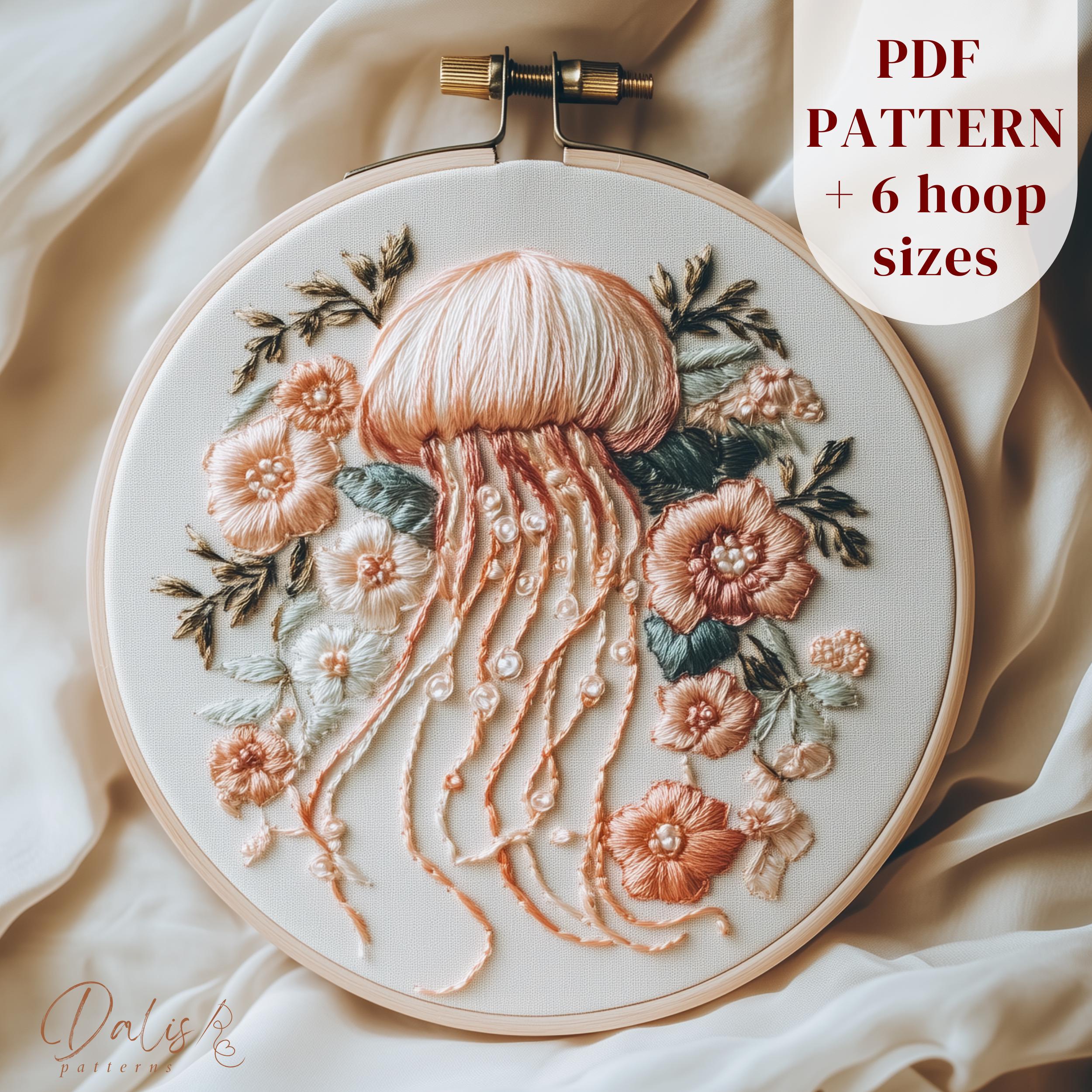 クラゲの刺繍パターン、海のハンド刺繍デザイン、夏の刺繍PDF