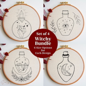 May include: Set of four embroidery hoops with witchy designs. Each hoop features a different black line art design of potion bottles, crystals, moons, and stars. The text in the center reads "Set of 4 Witchy Bundle" and "6 Size Options for Each Design."