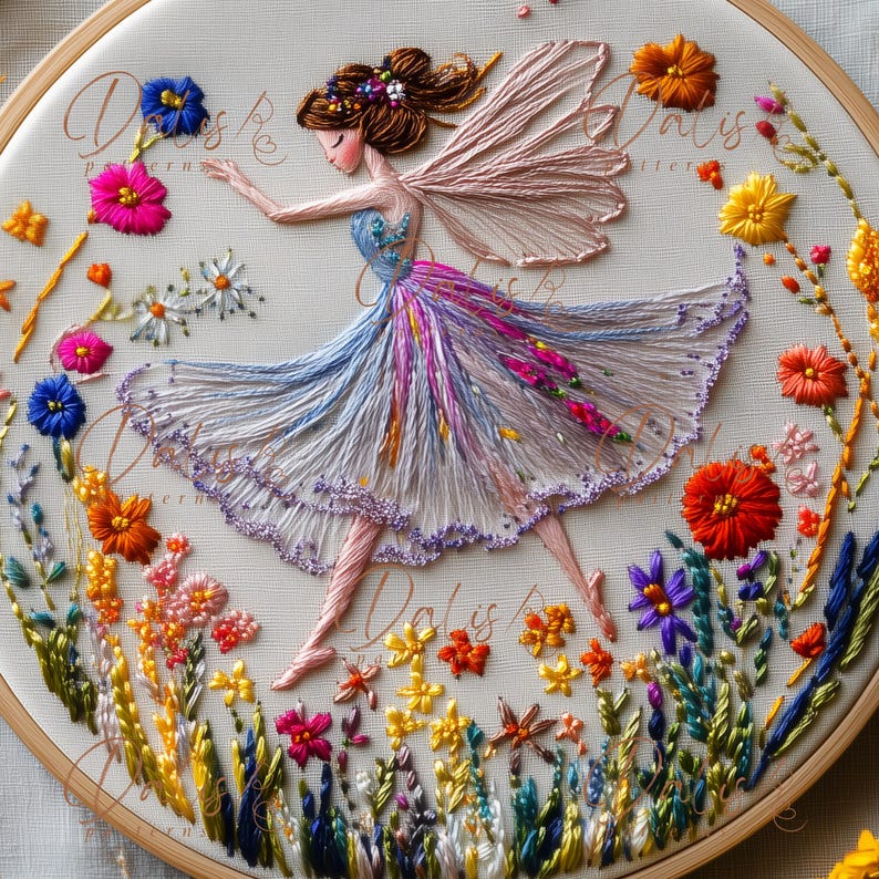 May include: Embroidered fairy hoop art. A fairy in a flowing blue, purple, and white dress with pink wings dances amidst colourful embroidered flowers. The artwork is set in a round, cream-coloured hoop, with the text "Dalis" visible.