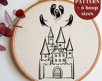 Ghosted Castle Hand Embroidery PDF Pattern File for Halloween DIY Hoop Art Crafting, Spooky Season DIY Hoop Art Design, Instant Download