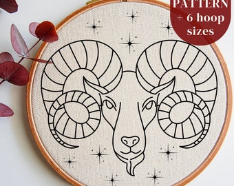 Modern Hand Embroidery Pattern: Aries Zodiac Sign Design, Astrology Symbol DIY Hoop Art Pattern for Needlepoint Beginners, Digital Dowload