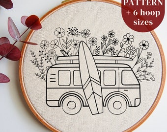 May include: Black and white line art embroidery pattern of a vintage van with a surfboard on top and flowers around it.  PDF pattern includes 6 hoop sizes.