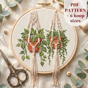 Vintage Rustic Macrame Plant Hangers Embroidery Pattern, Advanced 3D Potted Houseplants Design, Botanical Hoop Art PDF