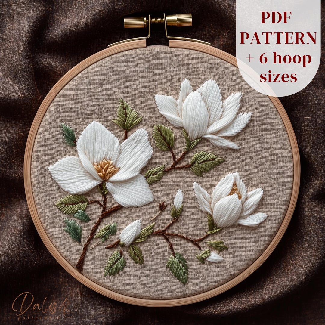 Magnolia Flowers Embroidery Pattern - Botanical Floral Hoop Art PDF ...