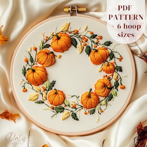Pumpkin Wreath Hand Embroidery Design, Autumn Embroidery Pattern, Autumn Wreath Stitching Pattern, Floral Wreath DIY Embroidery Template