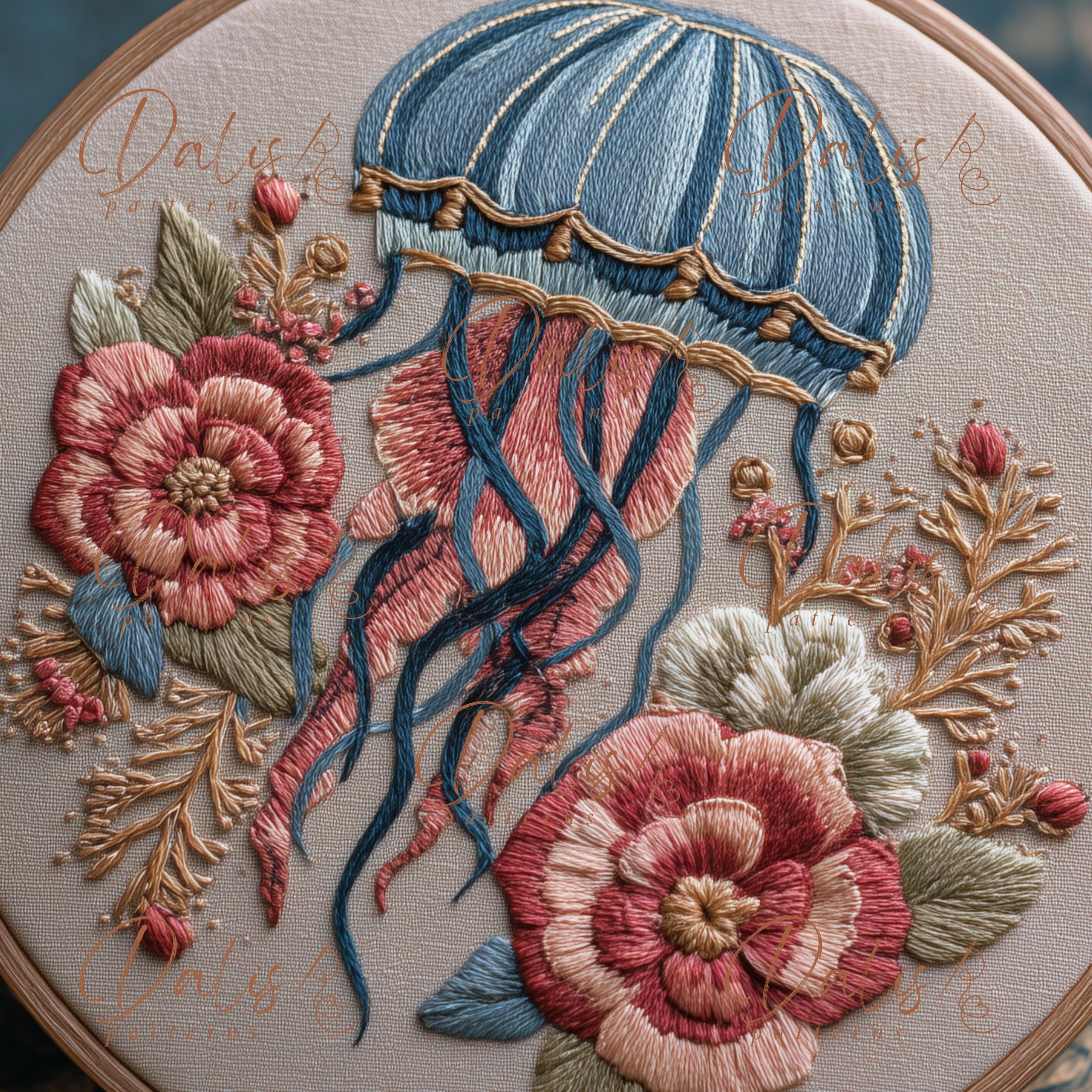 クラゲの手刺繍パターン、海の生き物の刺繍デザイン、夏のDIY刺繍PDF