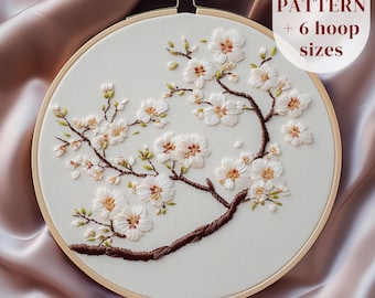 White Sakura Flowers Hand Embroidery Design, Cherry Blossoms Embroidery Pattern, Spring DIY Embroidery Template, Sakura Stitching Printable