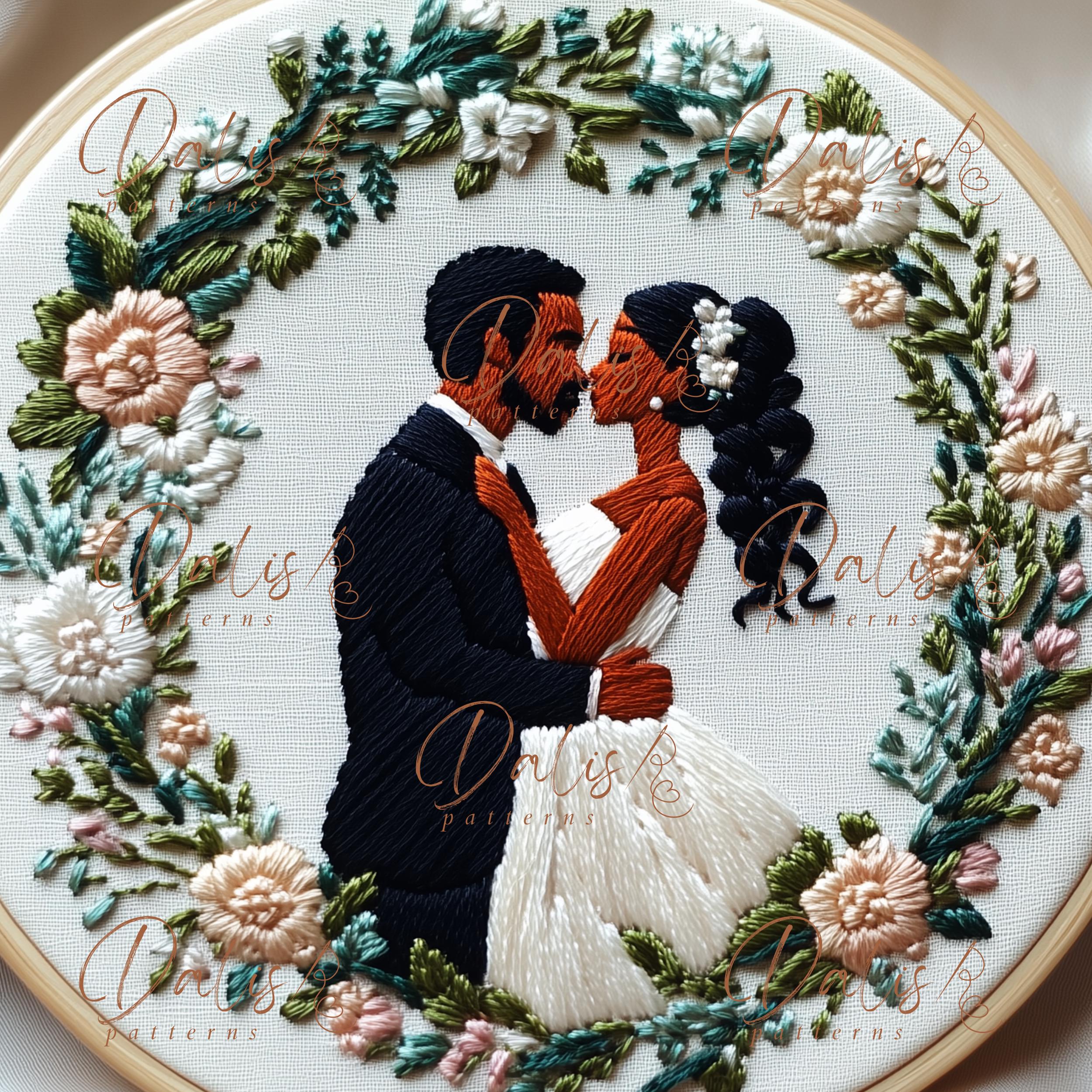 Afro Wedding Kiss Embroidery Pattern, Bride and Groom Hoop Art