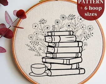 Floral Bookish Hand Embroidery Design for DIY Hoop Art Beginners, Modern Embroidery Pattern Template, Needlepoint Craft Gift for Book Lovers
