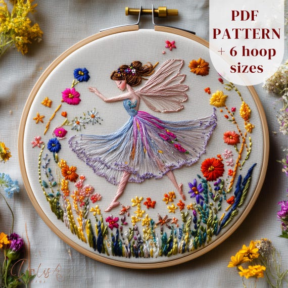 Dancing Fairy Hand Embroidery Pattern, Fantasy Embroidery PDF Design, Whimsical Embroidery Template, Fairy Stitching, DIY Embroidery Craft