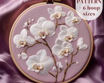 白い蘭の手刺繍パターン、蘭の花の刺繍デザイン、花のステッチングPDFパターン、デジタルDIY刺繍アートテンプレート