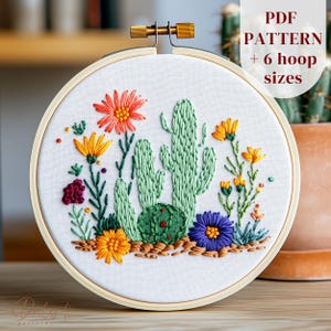 Patrón de bordado de cactus, diseño botánico de bordado a mano, plantilla de bordado de cactus, patrón de costura de flores silvestres, bordado DIY