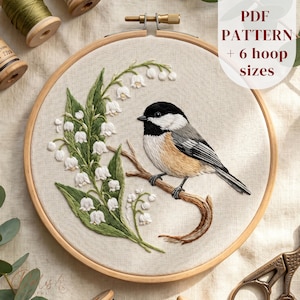 Chickadee and Lily of the Valley Embroidery Pattern, Vintage Field Guide Style, Beginner Hoop Art