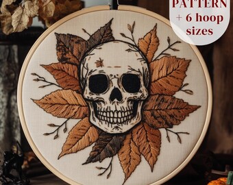 Patrón de bordado a mano de Halloween, diseño de bordado de calavera gótica, patrón de costura espeluznante, plantilla de bordado imprimible, manualidad de otoño DIY