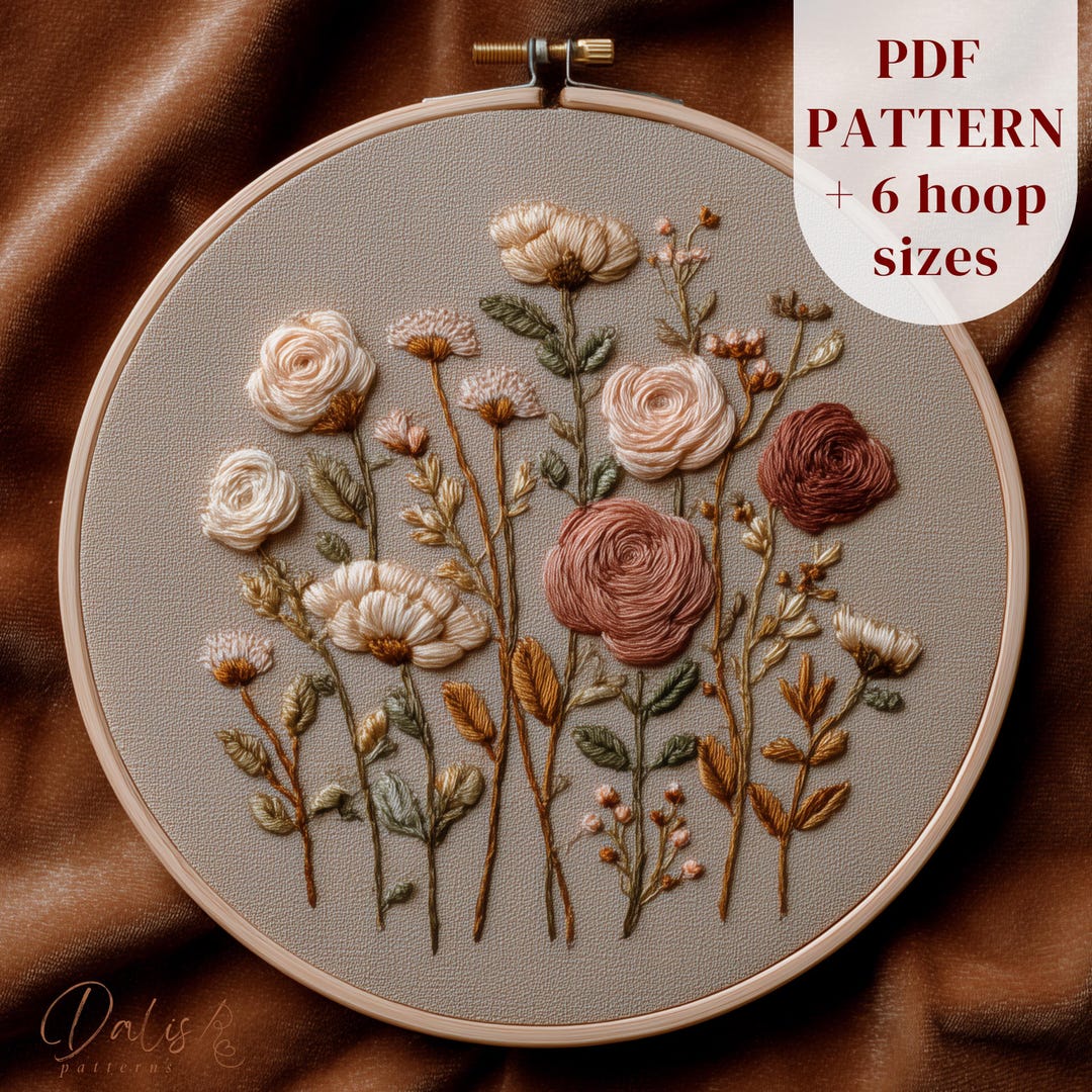 Wildflower Garden Embroidery Pattern, Rustic Floral Meadow Hoop Art ...