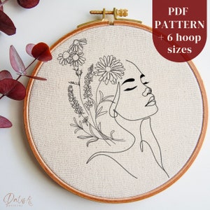 Lady with Flower Head Modern Hand Embroidery PDF Pattern, DIY Hoop Art Digital Design, Minimal Needlepoint Pattern File, Instant Download