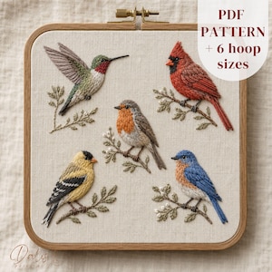 May include: A square wooden embroidery hoop containing a light beige fabric with five embroidered birds: a green hummingbird, a red cardinal, a brown robin, a yellow goldfinch, and a bluebird, each perched on small embroidered branches.