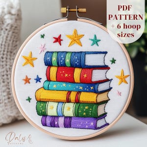Bookish Hand Embroidery Pattern, Book Stack Embroidery Design, Modern DIY Embroidery Hoop Art Template, Nursery Embroidery, Digital Download
