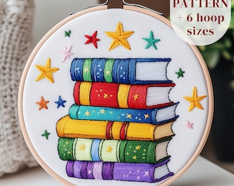 Bookish Hand Embroidery Pattern, Book Stack Embroidery Design, Modern DIY Embroidery Hoop Art Template, Nursery Embroidery, Digital Download