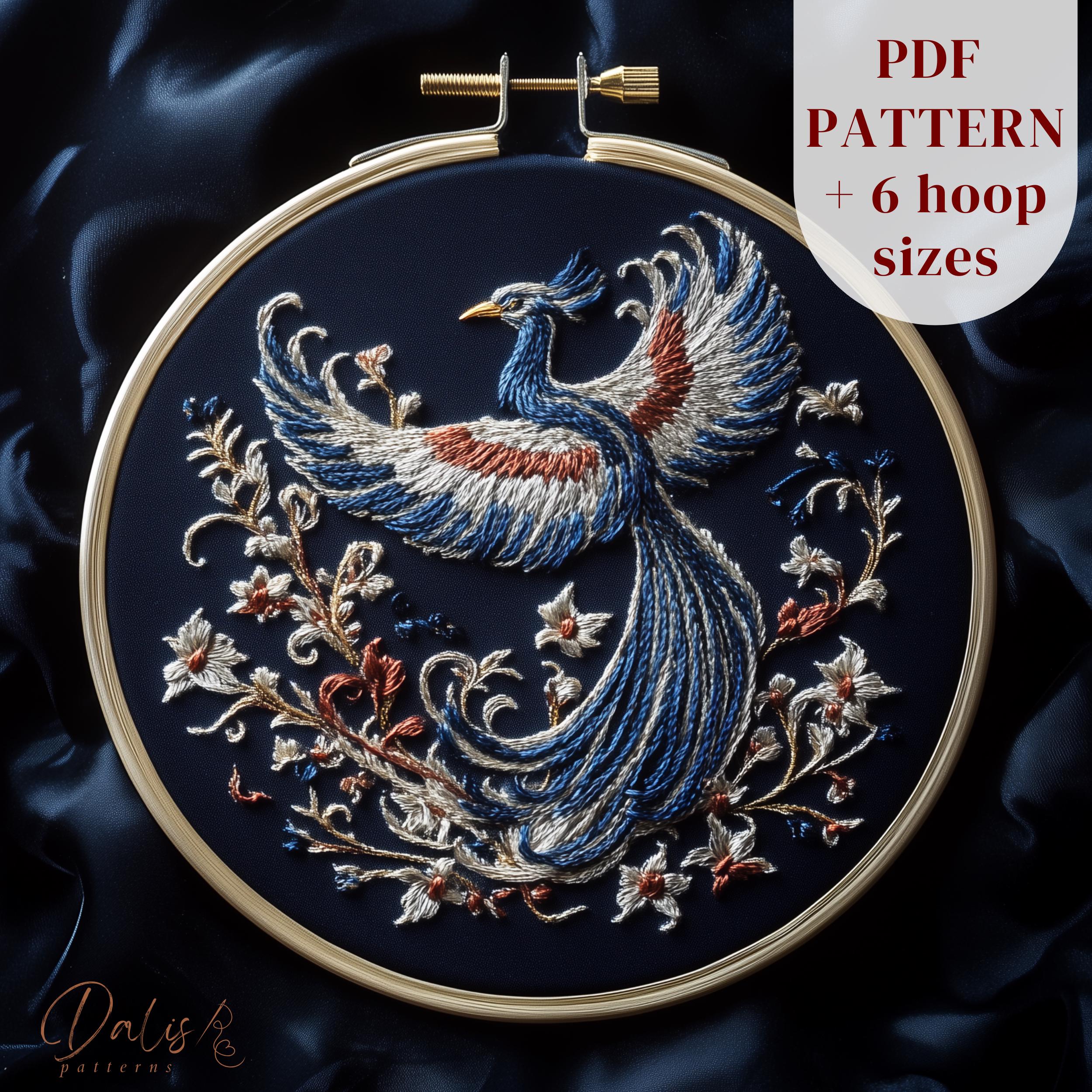フェニックスの手刺繍パターン、神話上の鳥の刺繍デザイン、DIY刺繍PDF