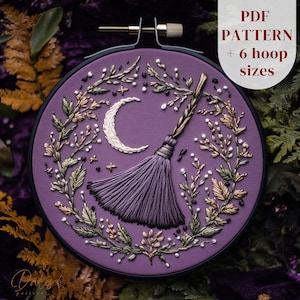 Witchy Hand Embroidery Design, Witch Broom and Moon Embroidery Pattern, Halloween Hand Stitching Pattern, Printable Embroidery PDF Template