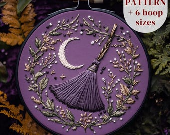 Witchy Hand Embroidery Design, Witch Broom and Moon Embroidery Pattern, Halloween Hand Stitching Pattern, Printable Embroidery PDF Template
