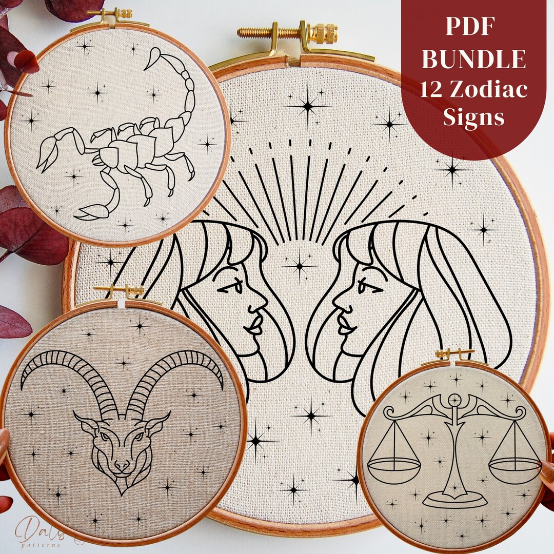 12 Zodiac Signs Hand Embroidery PDF Patterns Bundle, Astrological DIY ...