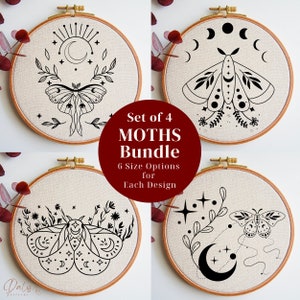 Celestial Moths Embroidery Pattern Template Bundle, Whimsical Insect Embroidery Hoop Art PDF Design Files, Hand Stitching Cottagecore Decor