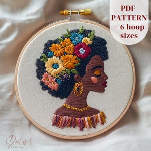 African Woman Embroidery PDF Pattern, Afro Girl Hand Embroidery Design, Floral Black Woman Stitching Pattern, DIY Embroidery Art Template
