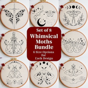 Printable Moth Embroidery Pattern Template Bundle, Wiccan Insect Embroidery Hoop Art PDF Design Files, Celestial Stitching Cottagecore Decor