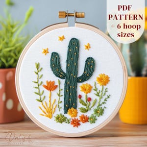 Patrón de bordado a mano para principiantes en PDF, diseño de bordado digital de cactus, plantilla de bordado de plantas, patrón de costura de cactus, bordado fácil