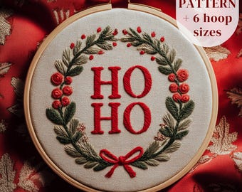 Ho Hoの手刺繍パターン、クリスマス刺繍デザイン、クリスマスリース刺繍PDF、糸絵パターン、DIYクリスマスクラフト