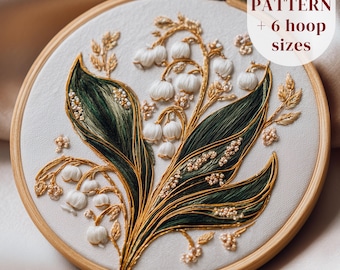 Art Nouveau Lily of the Valley Embroidery Pattern, Romantic May Birth Flower Hoop Art PDF Design