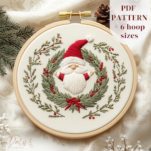 Christmas Gnome Hand Embroidery Design, Santa Gnome Embroidery Pattern, Christmas Embroidery PDF Printable, DIY Christmas Embroidery Craft