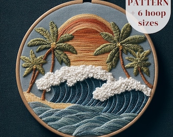 Tropical Landscape Embroidery Pattern, Beach Sunset Hand Embroidery Design, Summer Stitching PDF Pattern, Thread Painting Pattern, DIY Craft