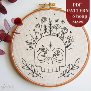 Skull Hand Embroidery PDF Pattern Design File, Gothic Spooky Season Embroidery Template, Beginner DIY Hoop Art Pattern for Halloween Crafts
