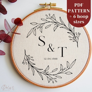 Padrão de bordado à mão personalizado em PDF, letras personalizadas e guirlanda de folhas, design de arte de bastidor faça você mesmo, presente de casamento, aniversário, dia dos namorados
