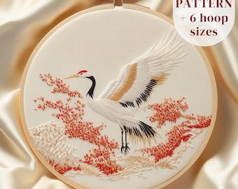 タンチョウの刺繍図案、日本の鶴の刺繍デザイン、動物の手刺繍枠アート