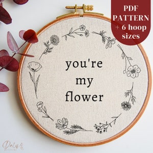 Hand Embroidery PDF Pattern File: Love Quote in Flowers Wreath, Floral Stitching Design for Hoop Art Beginners, Handmade Gift Idea for Her
