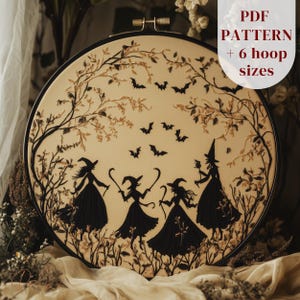 Diseño de bordado a mano de brujas bailarinas, patrón de bordado de brujas en PDF, arte de bordado gótico imprimible, manualidad de bordado de Halloween para hacer tú mismo