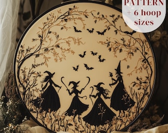 Dancing Witches Hand Embroidery Design, Witchy Embroidery PDF Pattern, Gothic Embroidery Art Printable, DIY Halloween Embroidery Craft