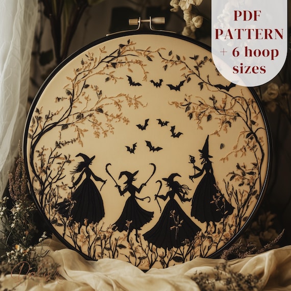 Dancing Witches Hand Embroidery Design, Witchy Embroidery PDF Pattern, Gothic Embroidery Art Printable, DIY Halloween Embroidery Craft