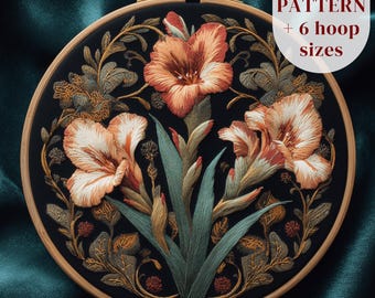 Art Nouveau Gladiolus Embroidery Pattern, Antique Floral Hoop Art PDF Design, August Birth Flower