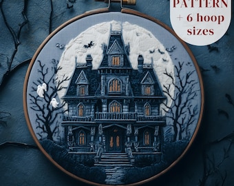 Diseño de bordado de casa embrujada espeluznante, patrón de bordado a mano de Halloween, bordado gótico en PDF imprimible, manualidad de pintura con hilo de Halloween