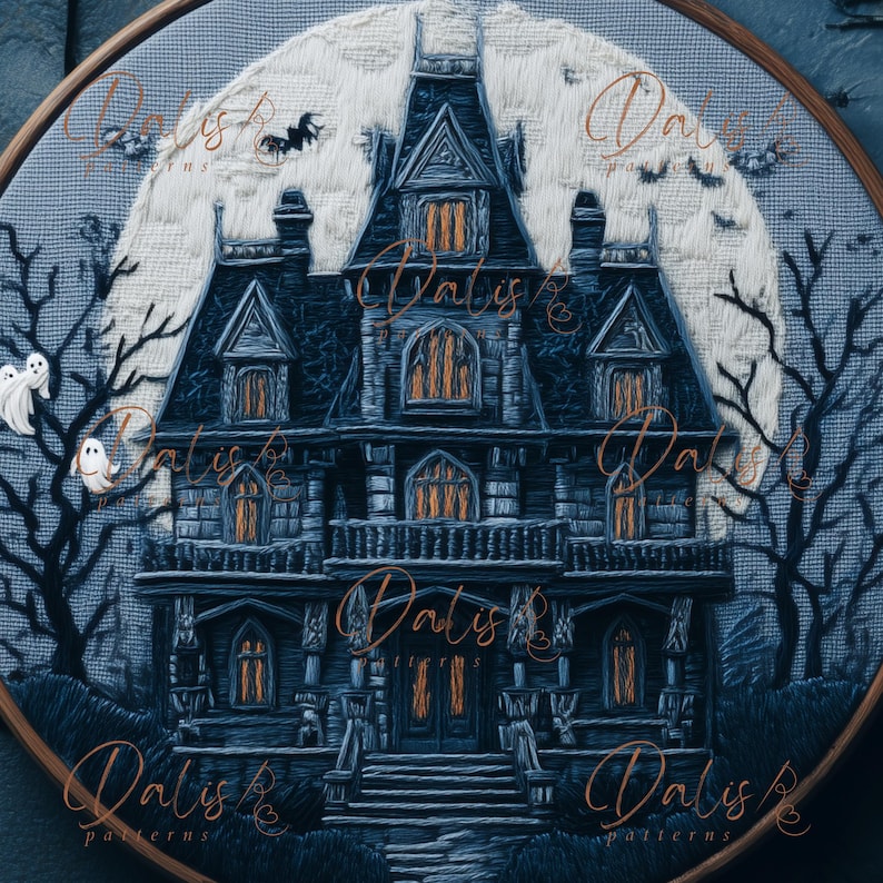 Creepy Haunted House Embroidery Design, Halloween Hand Embroidery ...