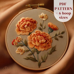 Motif de broderie de souci Cottagecore, création PDF de cerceau floral rustique, couleurs DMC et guide de couture